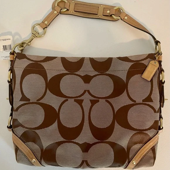 COACH SIGNATURE SLIM CARLY HANDBAG Brown and Tan - Picture 1 of 10